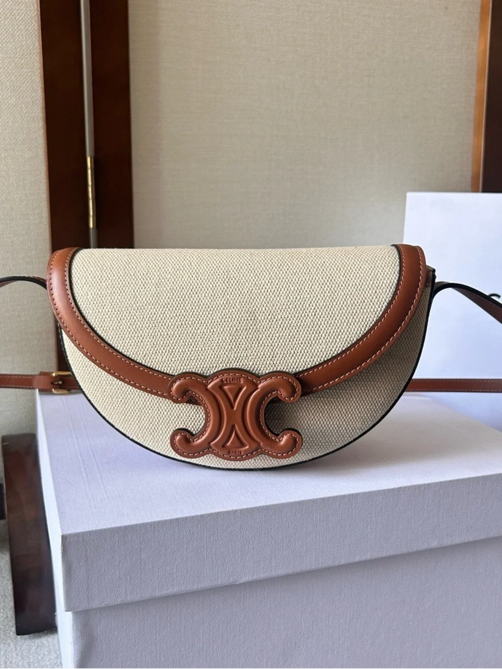 Celine Cream Canvas Crescent Crossbody with Brown Leather Trim